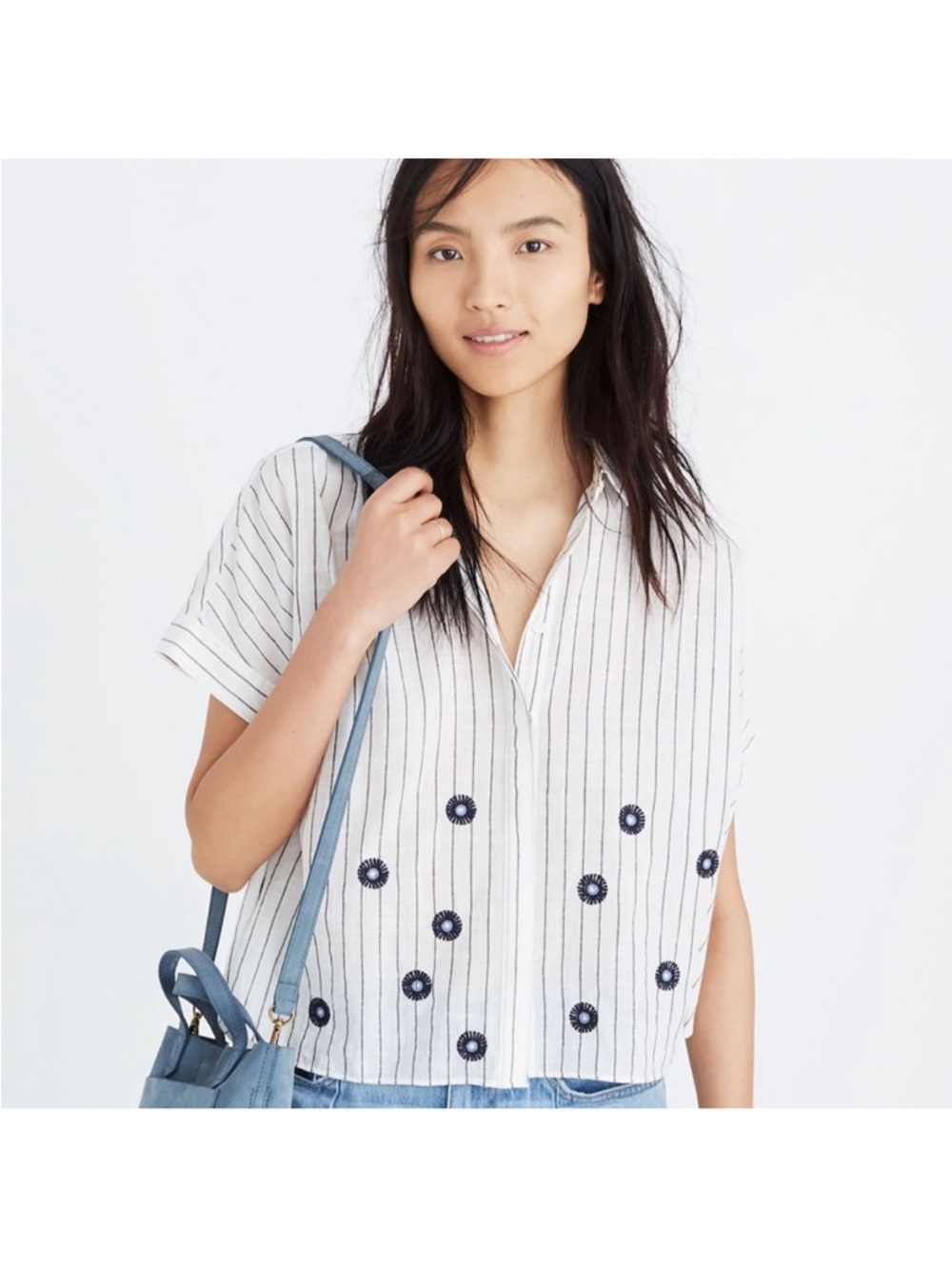Madewell Embroidered Striped
Hilltop Button Down Short Sleeve Shirt Size M